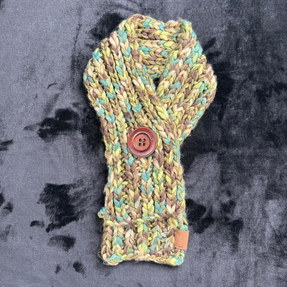 Fossil Hand Knitted Button Neck Warmer Scarf Cowl Green Brown Blue Y2K Vtg Retro
